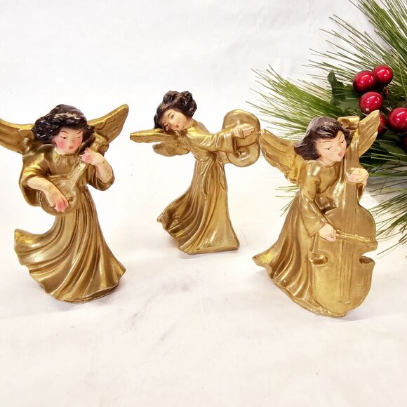 3- MCM Vintage Gold Hand Painted Woolworths Christmas Musical Angel Ornaments - Picture 7 of 7